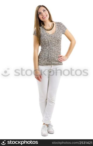 Beautiful woman smiling, isolated over a white background
