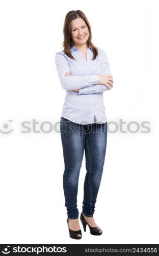 Beautiful woman smiling with hands folded, isolated over white background