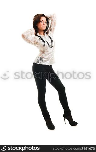 beautiful woman standing against isolated white background