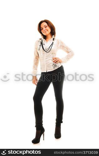 beautiful woman standing against isolated white background