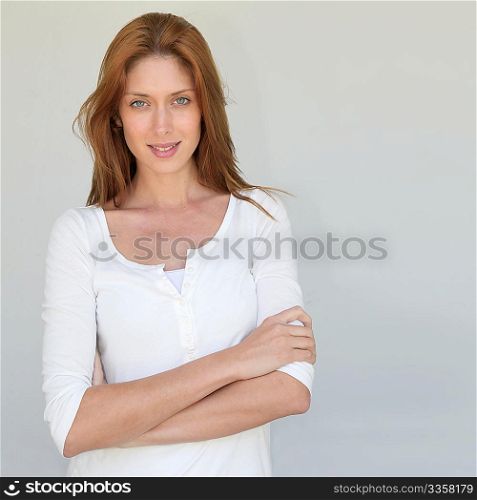 Beautiful woman standing on white background