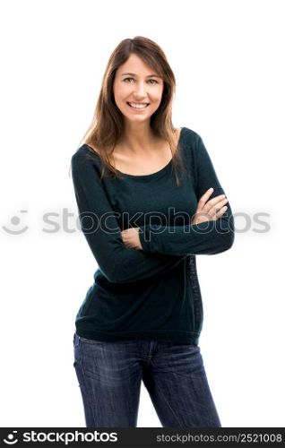 Beautiful woman standing over a white background. Beautiful woman