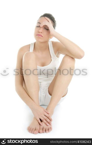 Beautiful woman stress headache sit on white background