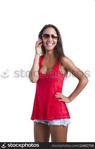 Beautiful woman talking at cell phone, isolated over white background