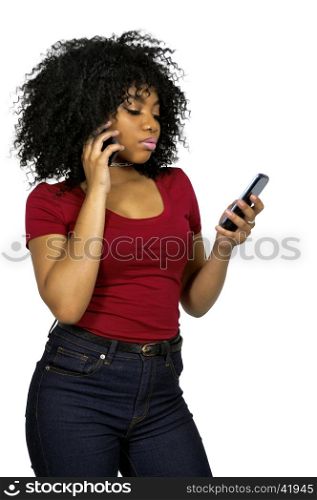 Beautiful woman talking texting and multitasking while juggling multiple cell phones and conversations