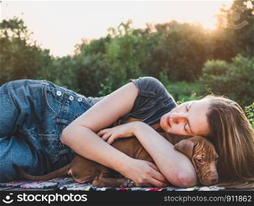 Beautiful woman tenderly hugging a young, charming puppy. Relax on the terrace against a sunset and green trees. Close-up. Concept of care, education, obedience training and raising of pets. Beautiful woman tenderly hugging a young puppy