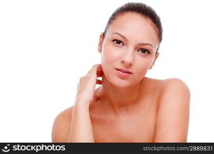 Beautiful woman thinking. Isolated over white.