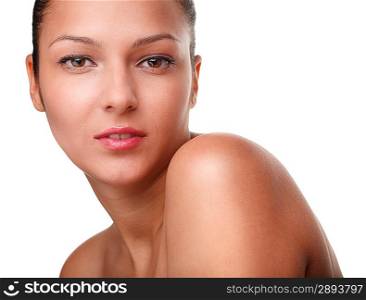 Beautiful woman thinking. Isolated over white.