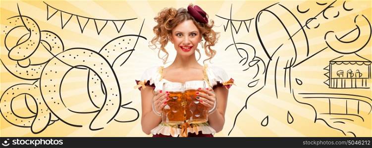 Beautiful woman wearing a traditional Bavarian dress dirndl serving two beer mugs with happy smile on sketchy Oktoberfest knot background and beer flowing like water. Facebook size format.