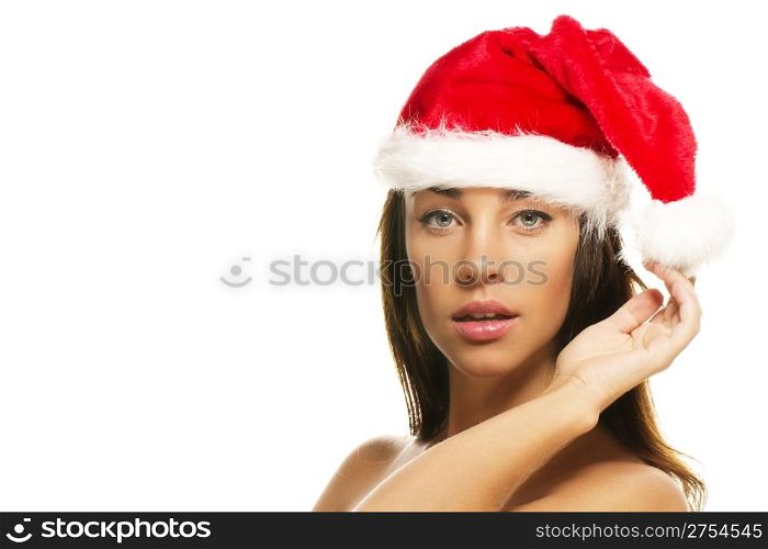 beautiful woman wearing santas hat. beautiful christmas woman wearing santas hat on white background