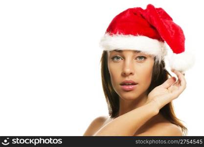 beautiful woman wearing santas hat. beautiful christmas woman wearing santas hat on white background