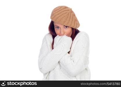 Beautiful woman wearing woolen cap with feeling cold isolated on a white background
