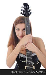 beautiful woman with a black guitar in his hand. Isolated on white background