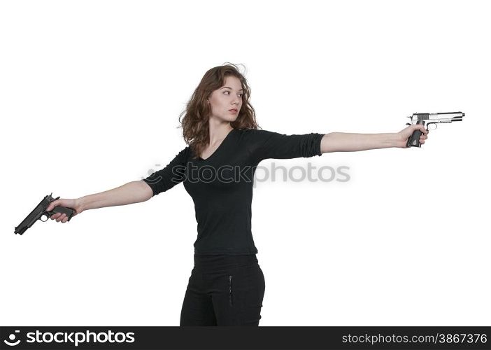 Beautiful woman with a loaded handgun pistol