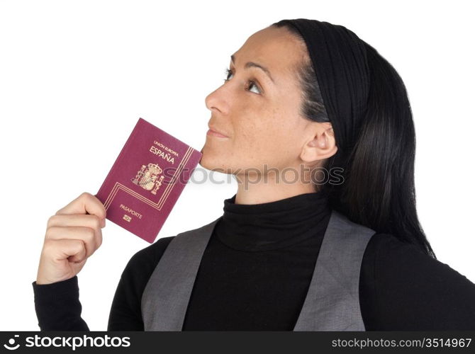 Beautiful woman with a passport thinking isolated on white background