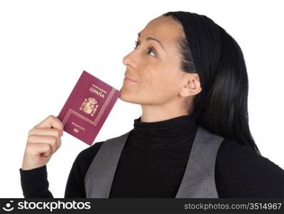 Beautiful woman with a passport thinking isolated on white background