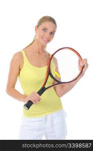 beautiful woman with a tennis racquet. Isolated on white background