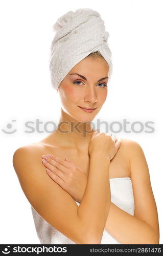 Beautiful woman with a white towel on her head isolated on white background