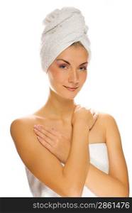 Beautiful woman with a white towel on her head isolated on white background