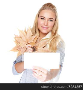 Beautiful woman with autumn bouquet isolated on white background, holding in hands dry maple leaves and blank postcard