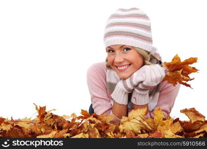 Beautiful woman with autumn leaves isolated on whiite background. Woman and autumn leaves