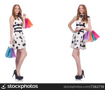 Beautiful woman with bags isolated on white 