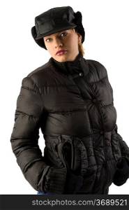 beautiful woman with black windbreaker jacket and black winter hat
