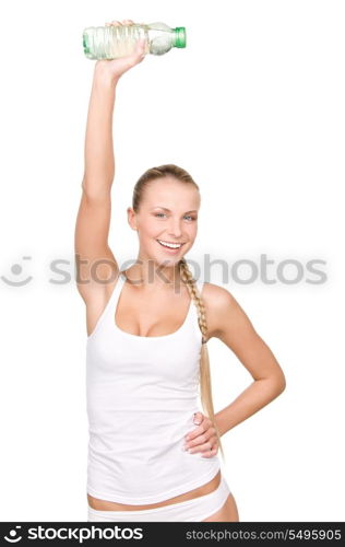 beautiful woman with bottle of water over white