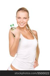 beautiful woman with bottle of water over white