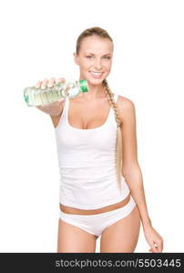 beautiful woman with bottle of water over white