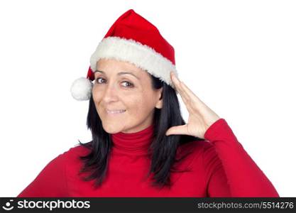 Beautiful woman with Christmas hat making the gesture of listening on a over white background