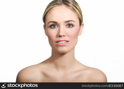 Beautiful woman with clean fresh skin close up. Skin care face. Cosmetology. Blonde girl with blue eyes.