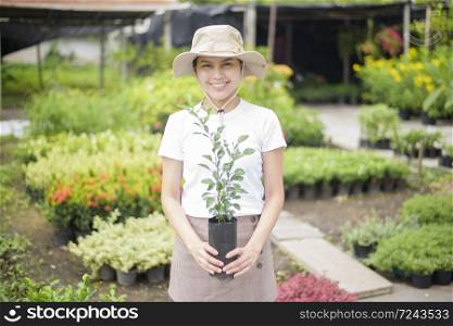 beautiful woman with gardening plant in garden