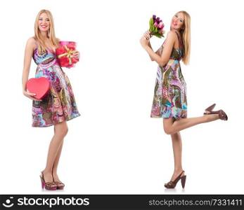 Beautiful woman with giftboxes and flowers 