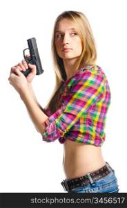 beautiful woman with gun on white background