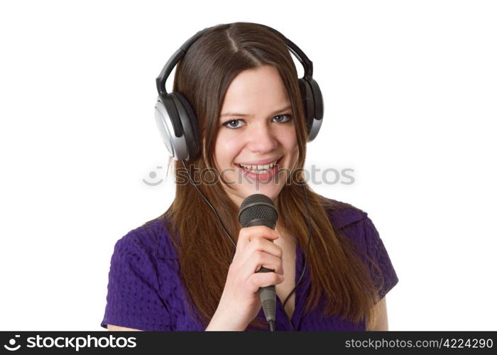 Beautiful woman with headphone and microphone isolated on white background