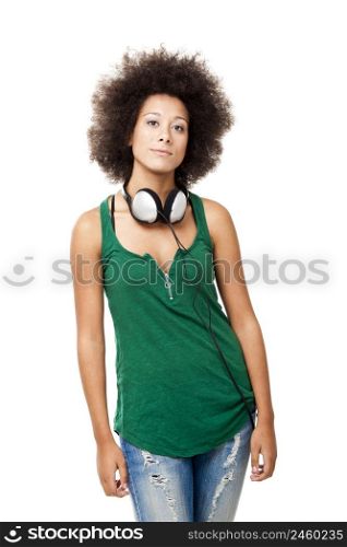 Beautiful woman with headphones on the neck, isolated on white