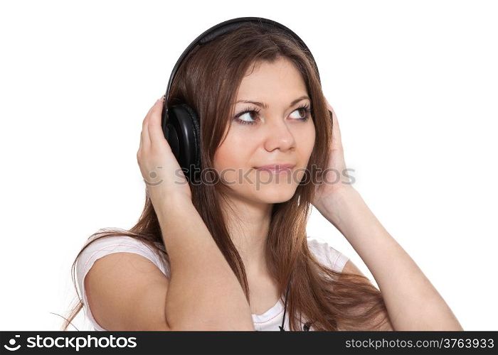 Beautiful woman with headphones, she is listen to the music