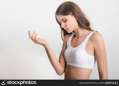 Beautiful woman with healthy body on white background