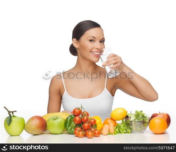 beautiful woman with healthy food and water. woman with healthy food
