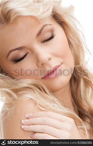 beautiful woman with long hair and closed eyes