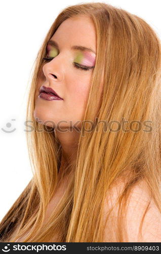 beautiful woman with long hair and colorful makeup isolated