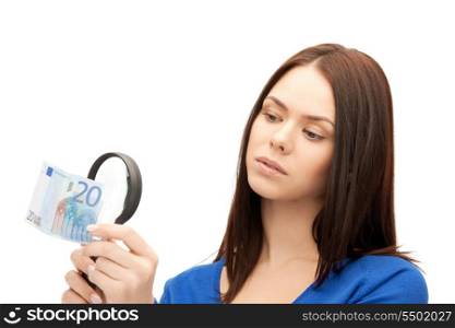 beautiful woman with magnifying glass and euro cash money