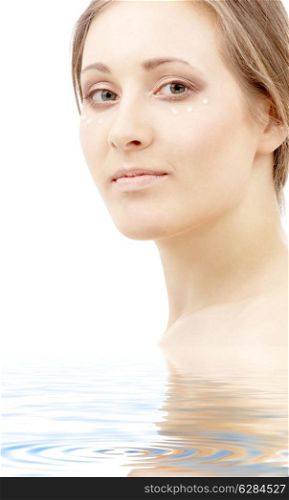 beautiful woman with moisturizing milk drops on face in water