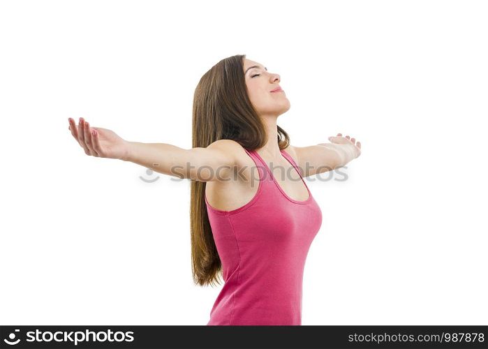 Beautiful woman with open arms isolated over a white background