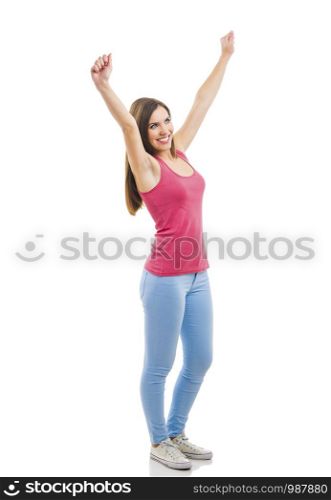 Beautiful woman with open arms isolated over a white background