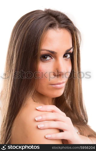 Beautiful woman with perfect skin posing over white