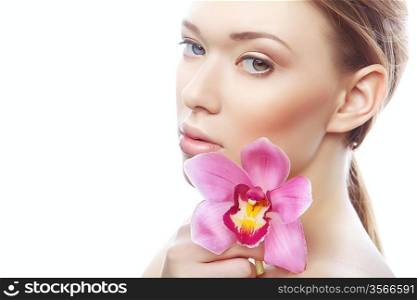 beautiful woman with pink flower on white background