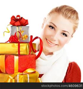 Beautiful woman with presents, close up portrait of female with Christmas gifts, girl giving and getting gift concept, greeting season and winter holidays, isolated on white background