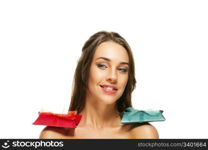 beautiful woman with presents on her shoulders. beautiful woman with presents on her shoulders on white background